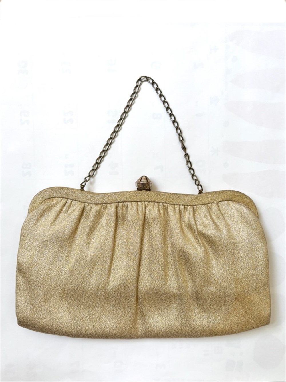 Mid-century party gold metallic clutch with metal chain handle